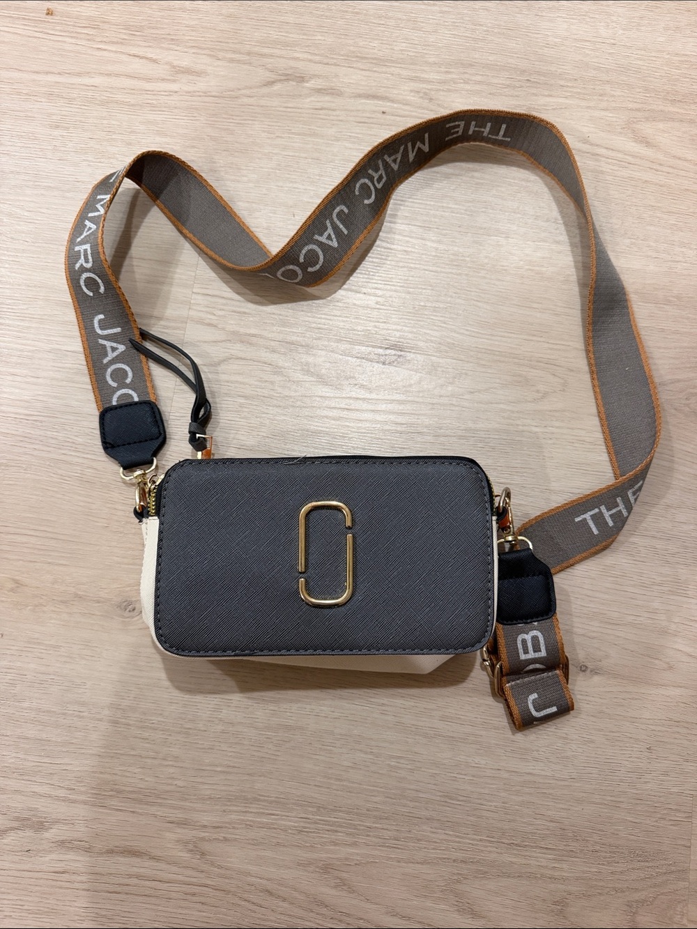 Marc Jacobs Gray and Cream Crossbody Camera Bag with Branded Strap